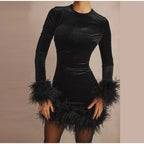 Elegant Sheath Dress with Feather-Trimmed Sleeves