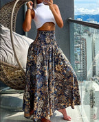 Elegant Long High-Waisted A-Line Skirt with Elastic Waist and Graceful Flow