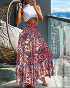 Elegant Long High-Waisted A-Line Skirt with Elastic Waist and Graceful Flow