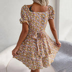 Square Neck Floral Dress with Puff Sleeves