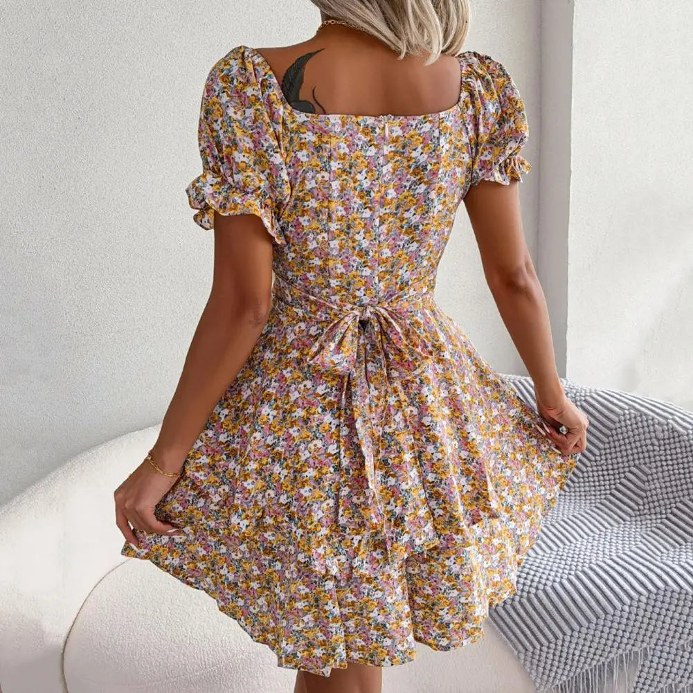 Square Neck Floral Dress with Puff Sleeves