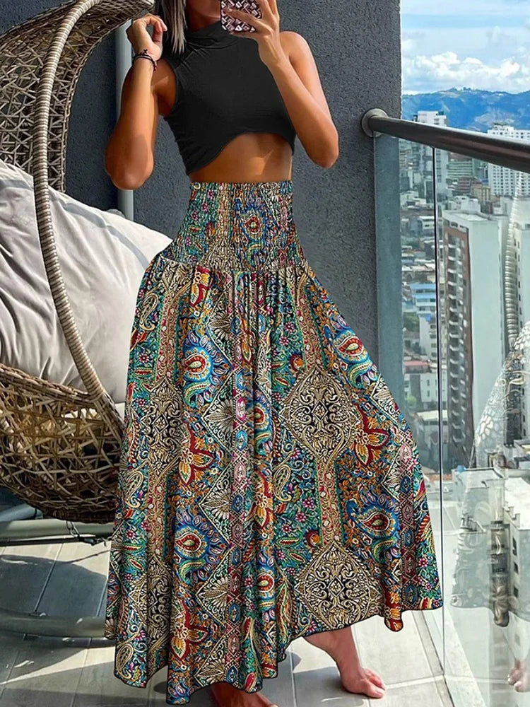 Elegant Long High-Waisted A-Line Skirt with Elastic Waist and Graceful Flow