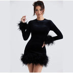 Elegant Sheath Dress with Feather-Trimmed Sleeves