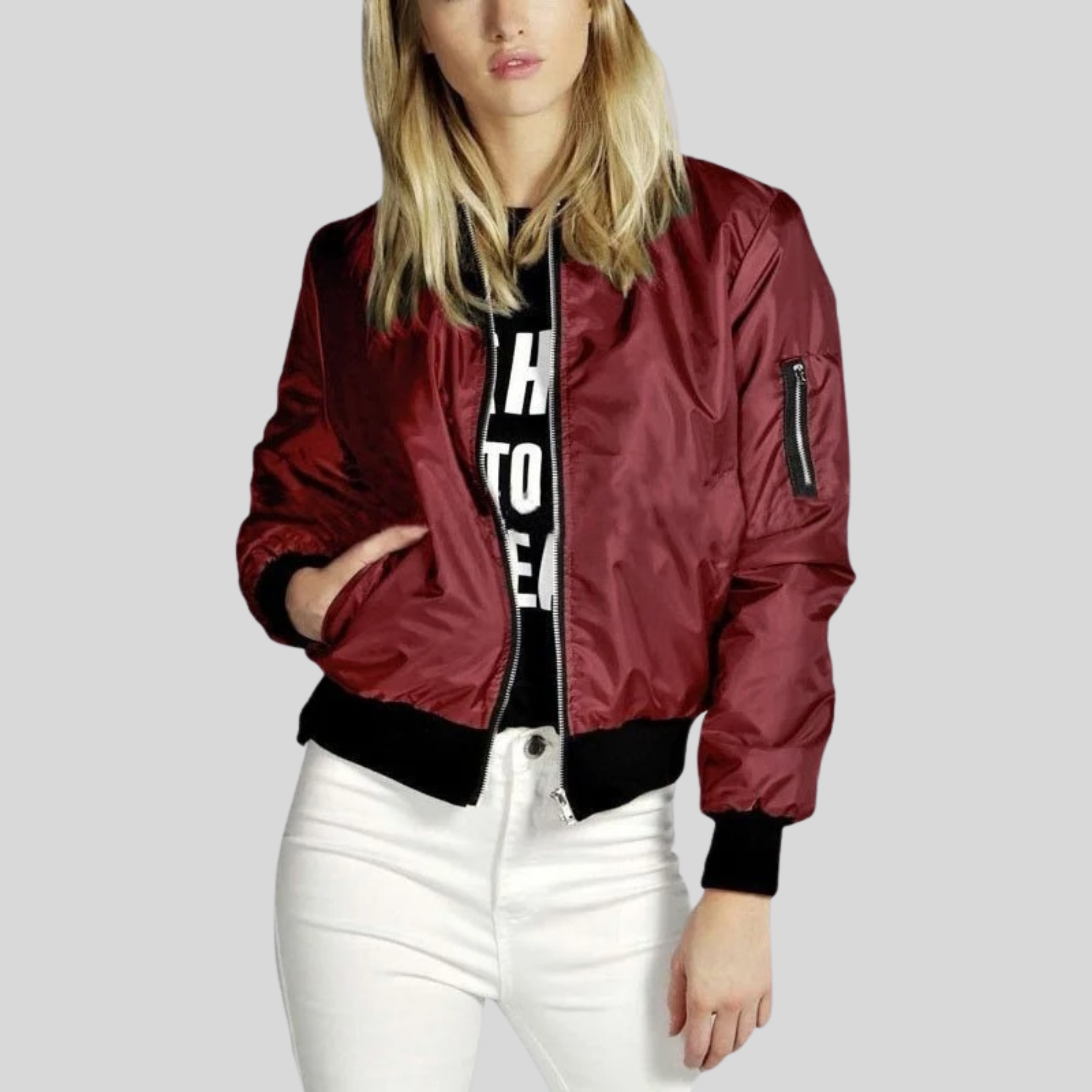 Women's Bomber Jacket with Crew Neck