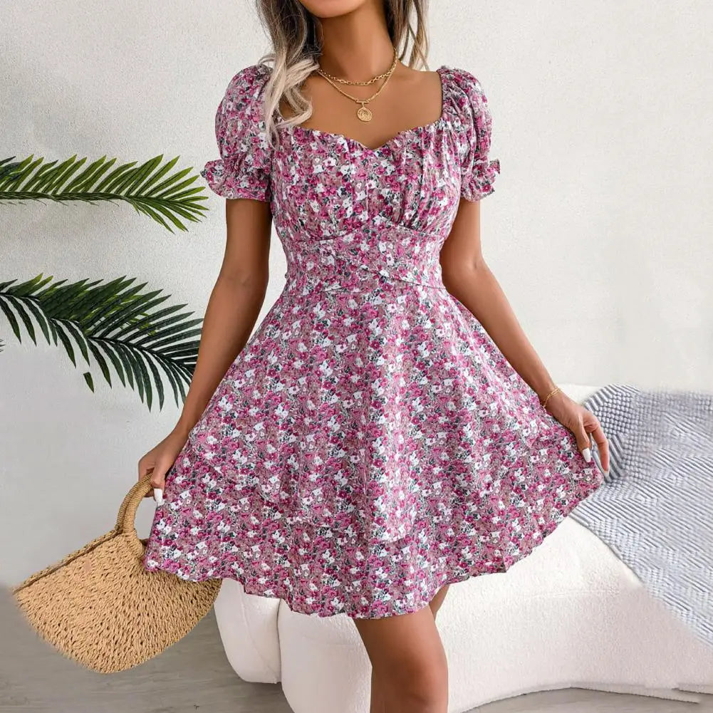 Square Neck Floral Dress with Puff Sleeves