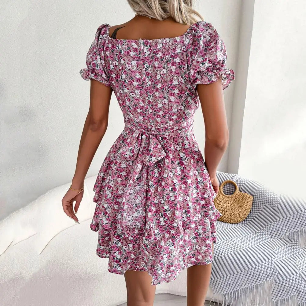 Square Neck Floral Dress with Puff Sleeves