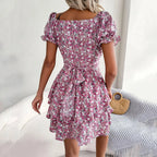 Square Neck Floral Dress with Puff Sleeves