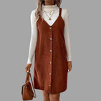 V-Neck Cord Dress with Strap Details and Button Accents
