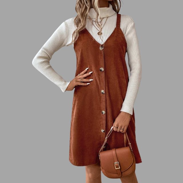 V-Neck Cord Dress with Strap Details and Button Accents