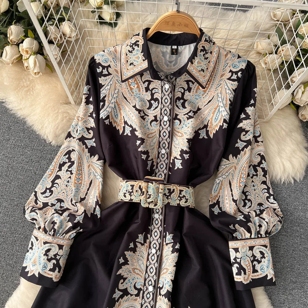 Floral Print A-Line Dress with Belted Waist