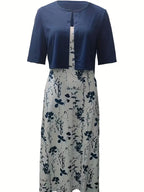 Stylish Two-Piece Floral Dress Set with Solid Crop Top and Round Neckline