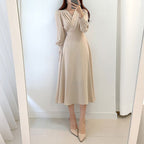 Stylish A-Line Dress Featuring V-Neck and Puff Sleeves