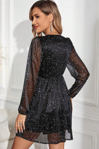 Stylish Black Glitter Dress with Elegant Mesh Overlay