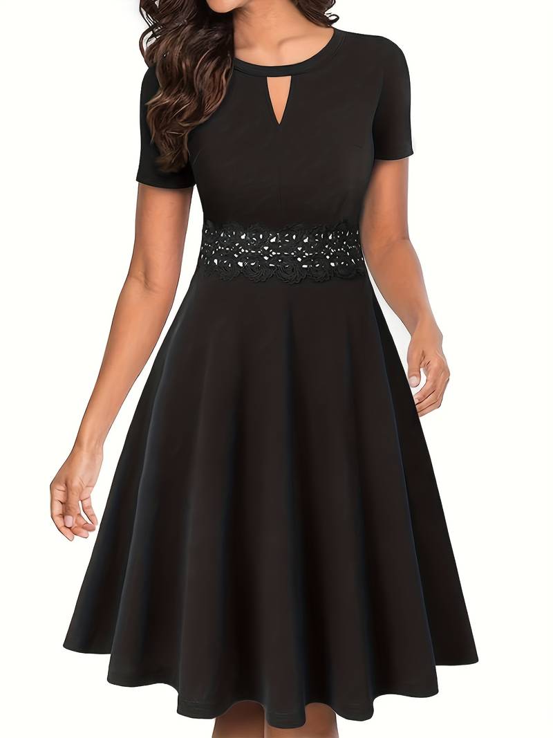 Blue Dress with Elegant Lace Accents and Tailored Waist