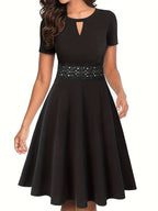 Blue Dress with Elegant Lace Accents and Tailored Waist