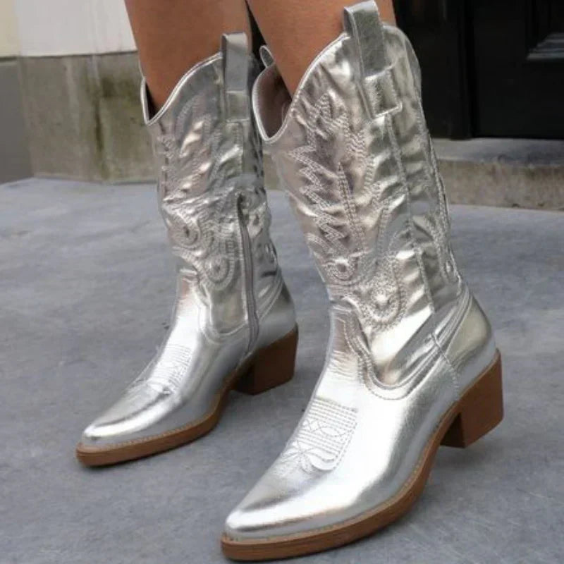 Stylish Metallic Western Ankle Boots