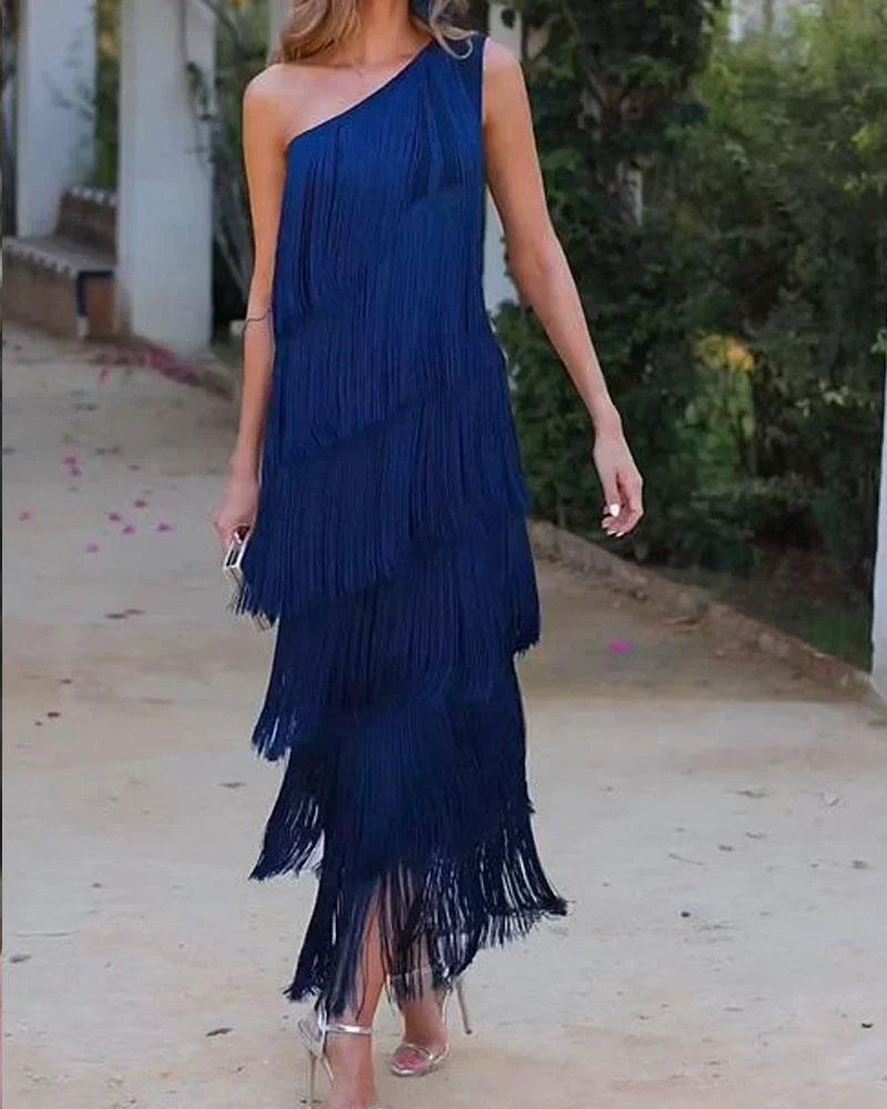 Stylish Open-Shoulder Fringe Dress