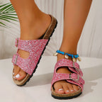 Double Buckle Sequin Sandals for Women